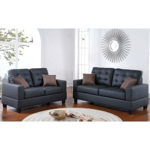 Living Room Furniture 2pc Sofa Set Black Faux Leather Tufted Sofa Loveseat W Pillows Cushion Couch